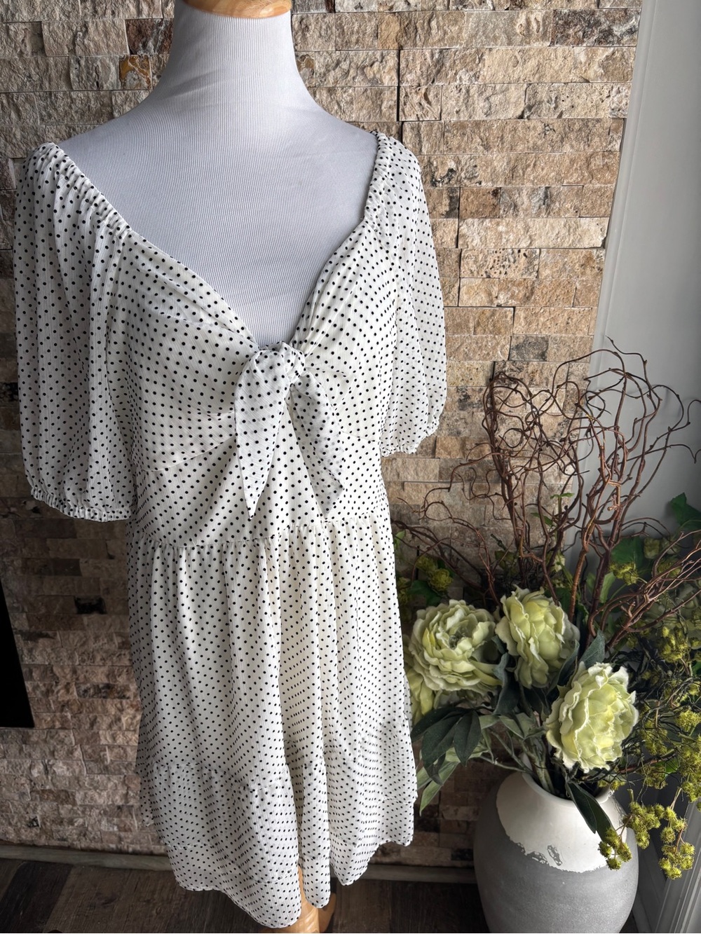 LC Lauren Conrad White Mini Dress with Black Polka Dots and Front Tie